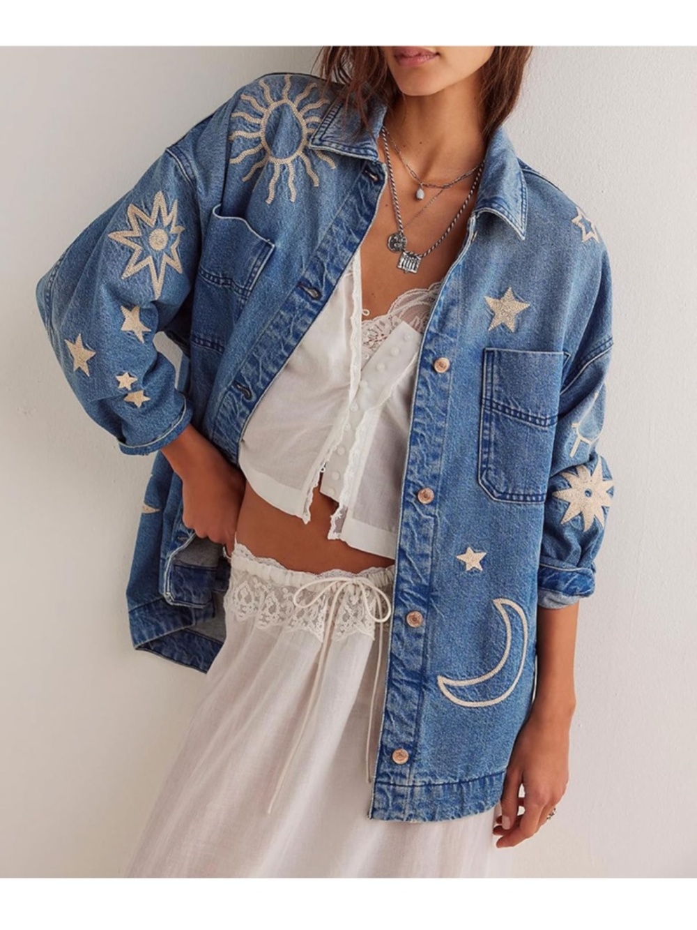 Embroidered Blue Denim Jean Jacket with Celestial Motifs - Picture 2 of 5